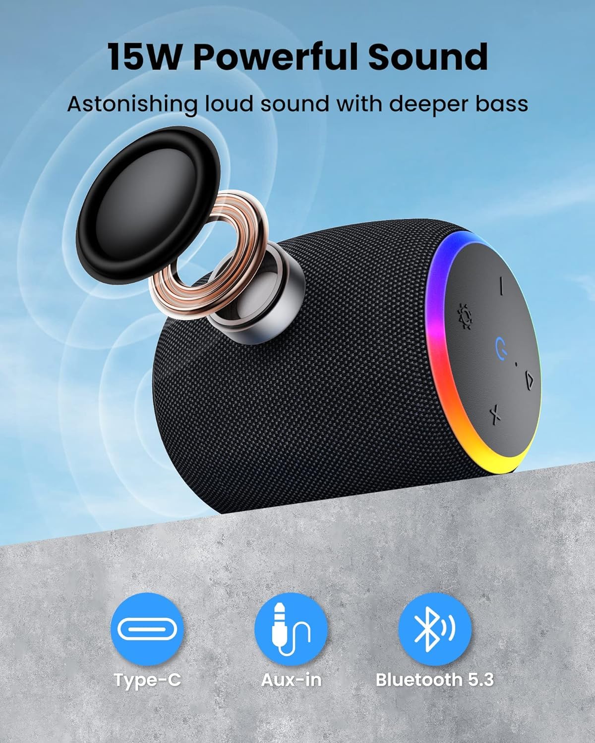 ZICOROOP Bluetooth Speakers,Portable Wireless Speaker with 15W Stereo Sound, IPX6 Waterproof Speaker with LED Light, Bluetooth TWS, Portable Speaker for Shower Outdoor Party Beach Camping