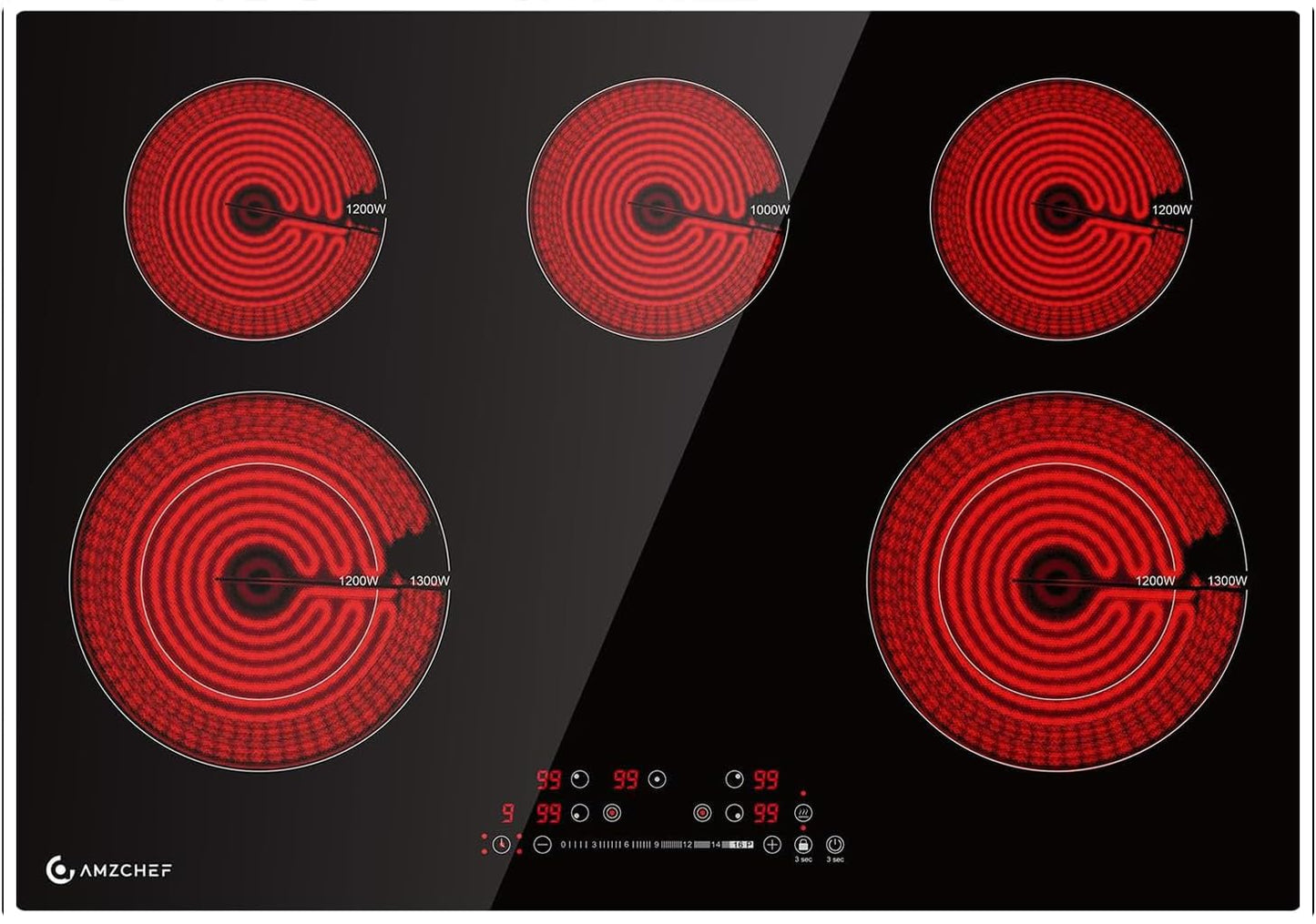 AMZCHEF 30 Inch 8400W 5 Burner Electric Cooktop, Drop-in Ceramic Glass Cooktop, 16 Power Levels, 85% Heat Efficiency, Child Lock, Timer, 220-240V, Hard Wire, No Plug