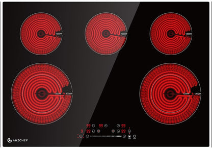 AMZCHEF 30 Inch 8400W 5 Burner Electric Cooktop, Drop-in Ceramic Glass Cooktop, 16 Power Levels, 85% Heat Efficiency, Child Lock, Timer, 220-240V, Hard Wire, No Plug