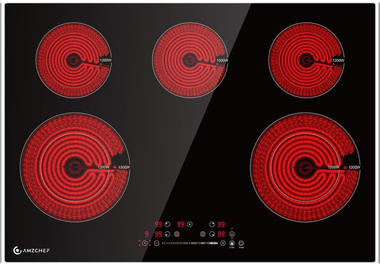 AMZCHEF 30 Inch 8400W 5 Burner Electric Cooktop, Drop-in Ceramic Glass Cooktop, 16 Power Levels, 85% Heat Efficiency, Child Lock, Timer, 220-240V, Hard Wire, No Plug