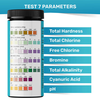 Pool Test Strips 7-in-1, 150 Quick and Accurate Pool and Hot Tub Test Strips - Pool Water Testing Kit for Chlorine, Bromine, pH, Hardness, More - All in 1 Swimming Pool Test Strips by JNW