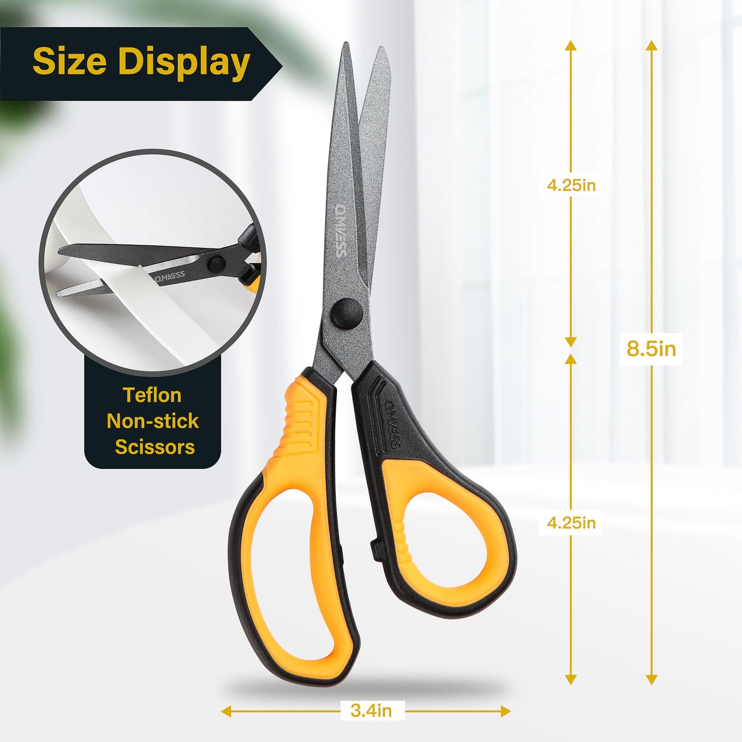 QMVESS 8.5" Scissors All Purpose 3 Pack, Titanium Non-Stick Multipurpose Shears, Professional Ergonomic Comfort Grip Scissors for Office School Home Sewing Fabric DIY Craft Cutting General Use