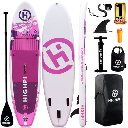 Highpi Inflatable Stand Up Paddle Boards, 10'6''x32''x6'' SUP with Accessories Backpack Anti-Slip Deck, Leash, Paddle and Hand Pump, Pink Paddle Board Standing Boat for Youth & Adult