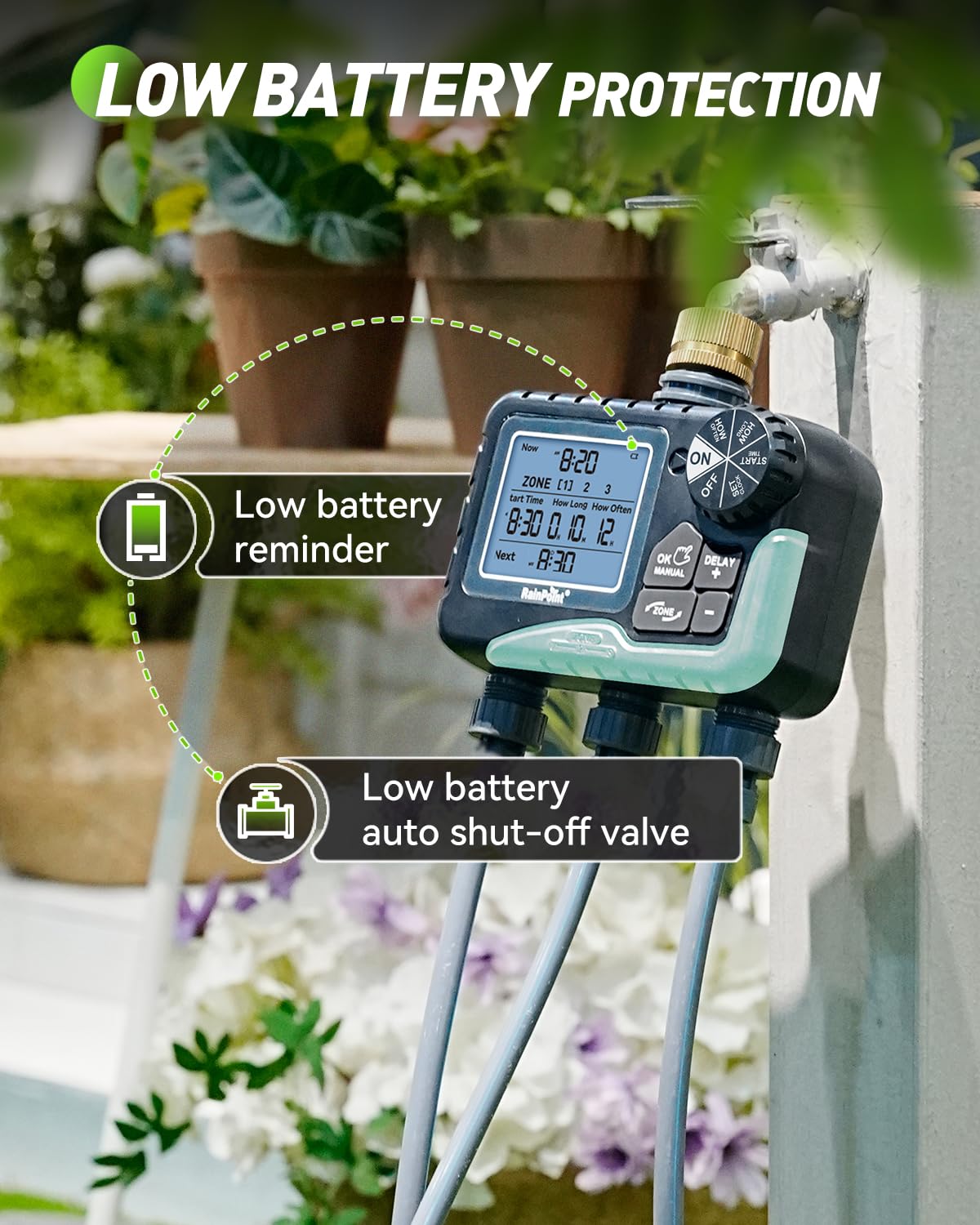 RAINPOINT 3 Zone Sprinkler Timer with Brass Inlet, Water Timer for Garden Hose,Rain Delay/Manual/Automatic Watering System, Hose,Hose Timers for Watering with IP65 Waterproof, Large LCD for Yard