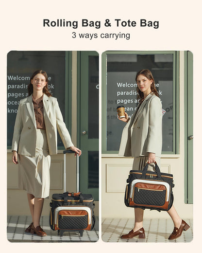 LOVEVOOK Rolling Teacher Bag with Detachable Dolly and Laptop Compartment, Large Rolling Tote Bag fits for 17.3" Laptop for Teacher Office Work Craft Nurse, Quilted-Black-beige-brown