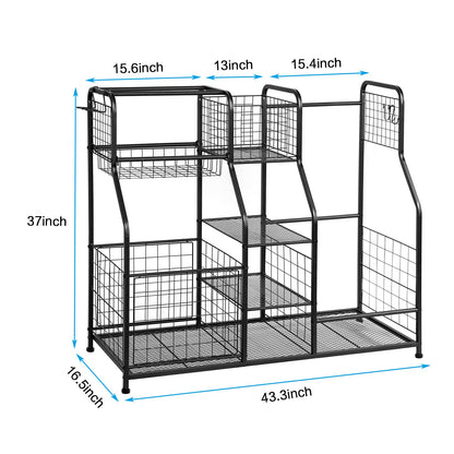 Garage Sports Equipment Organizer & Outdoor Toy Storage, Ball Storage Golf Organizer For Garage with Baskets, 5 Hooks