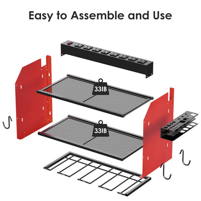 CCCEI Modular Power Tool Organizer Wall Mount with Charging Station. Garage 4 Drill Storage Shelf with Hooks, Screwdriver, Drill Bit Heavy Duty Rack, Tool Battery Holder Built in 8 Outlet Power Strip.