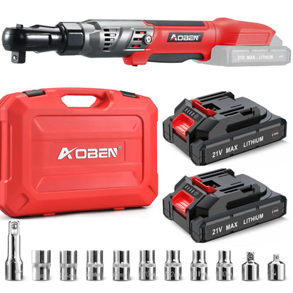 AOBEN 21V 1/2" Cordless Ratchet Wrench Kit-74 Ft-lbs Brushless Electric Power Ratchet with Variable Speed, 2X2000mAh Lithium-Ion Battery, Charger, 8 Sockets, 1/4" & 3/8" Adaptors, 3" Extension Bar