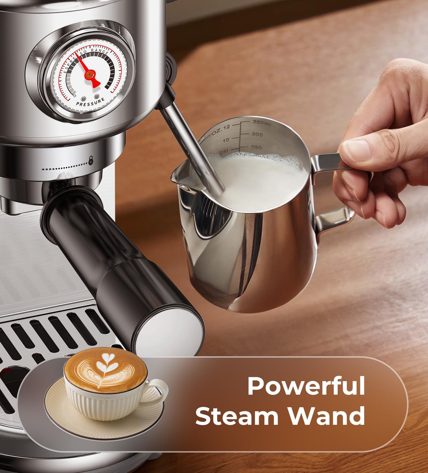atatix Espresso Machine with Milk Frother, 20 Bar High Pressure Professional Espresso Maker Automatic, Compact Stainless Steel Coffee Machine for Cappuccino, Latte, Gift for Coffee Lover, Silver