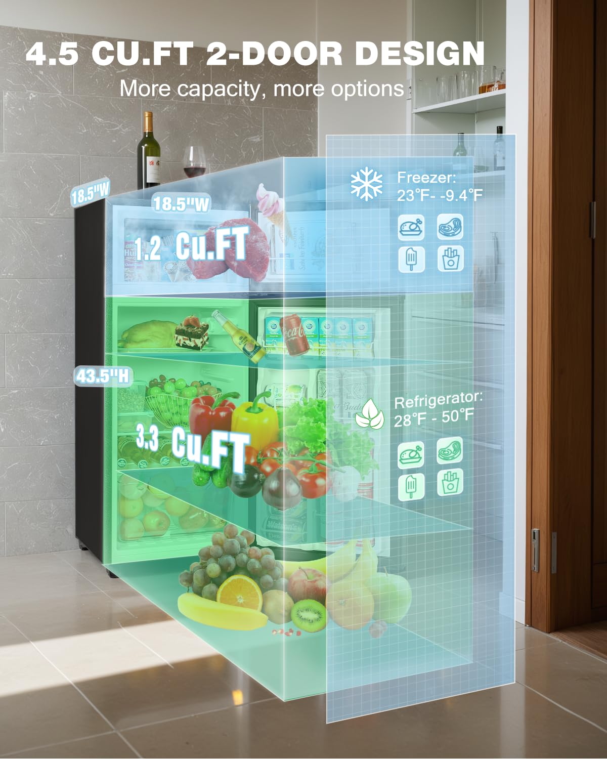 Double Door Refrigerator with Freezer, 4.5 Cu.Ft, Small Fridge with Freezer, 7 Settings Temperature Adjustable, Mini Refrigerator for Apartment Bedroom Dorm and Office (4.5 Cu.Ft, Black)