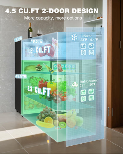 Double Door Refrigerator with Freezer, 4.5 Cu.Ft, Small Fridge with Freezer, 7 Settings Temperature Adjustable, Mini Refrigerator for Apartment Bedroom Dorm and Office (4.5 Cu.Ft, Black)