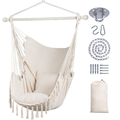 SUNCREAT Hammock Chair Hanging Rope Swing Seat-Max 450lbs Capacity, Extra Large Macrame Hanging Swing with Side Pocket, Two Seat Cushion, Beige
