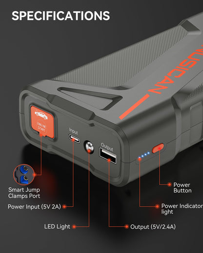 Car Battery Jump Starter, NUSICAN 2000A Portable Car Jump Starter Battery Pack (up to 7.5L Gas/5.5L Diesel Engine) 12V 18000mAh Jump Box for Car Battery with Safety Jumper Clamps, LED Lights, Compact