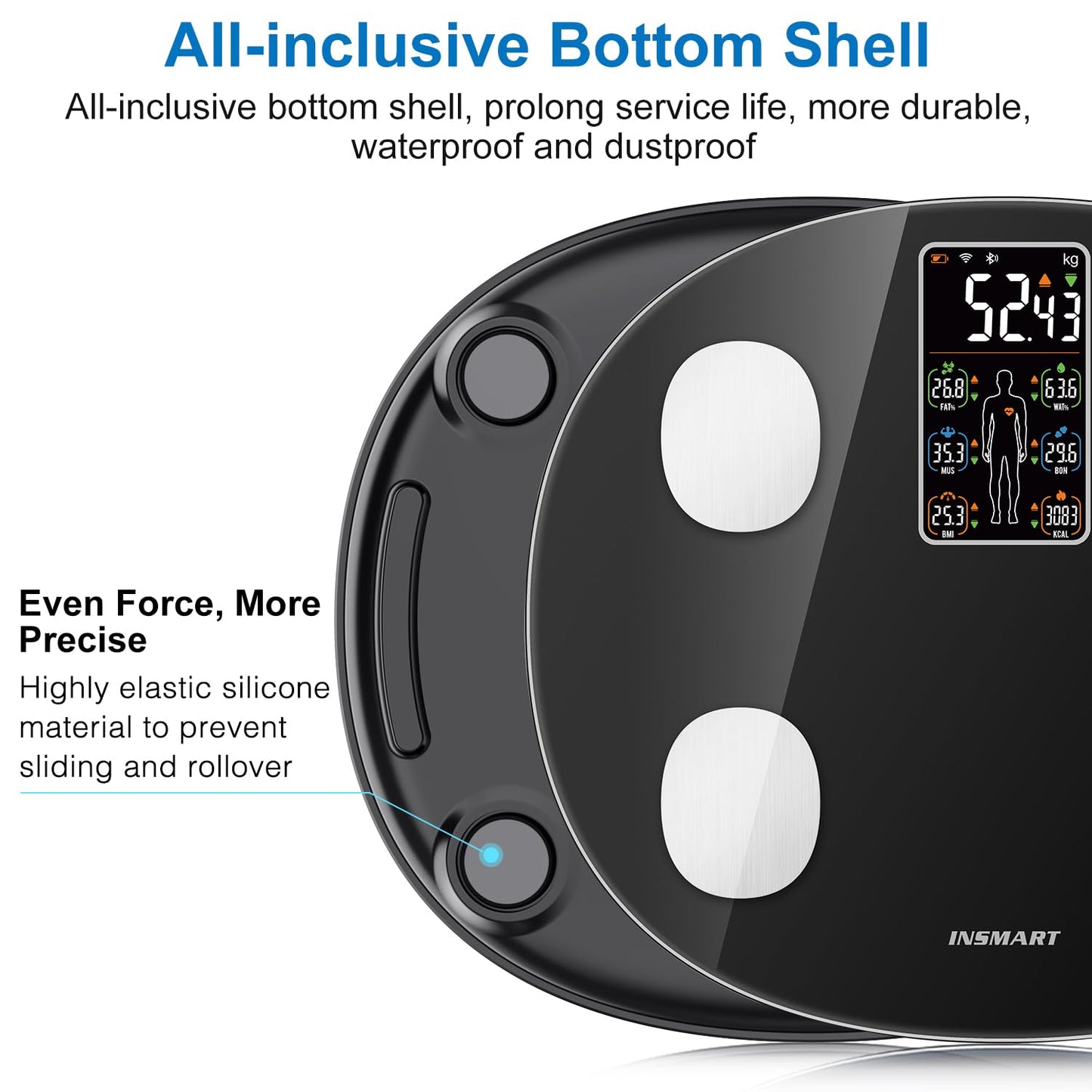 INSMART Smart Scale for Body Weight, All-in-one LCD Display Bathroom Weight Scales Body Fat Scale,Bluetooth Digital Smart Weighing Scale with Heart Rate,Heart Index & Body Composition Analyzer,396 lbs