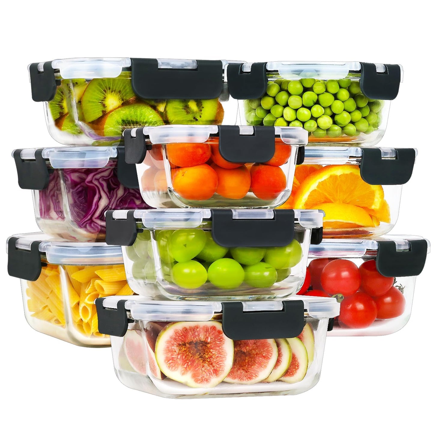 HOMBERKING [18 Piece Glass Food Storage Containers with Lids, Glass Meal Prep Containers, Airtight Lunch Bento Boxes, BPA-Free & Leak Proof, Oven, Freezer and Dishwasher Safe (9 lids & 9 Containers)