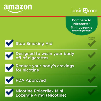 Amazon Basic Care Mini Nicotine Polacrilex Lozenge, 4 mg (nicotine), Mint Flavor, Stop Smoking Aid, 135 Count (Packaging may vary)