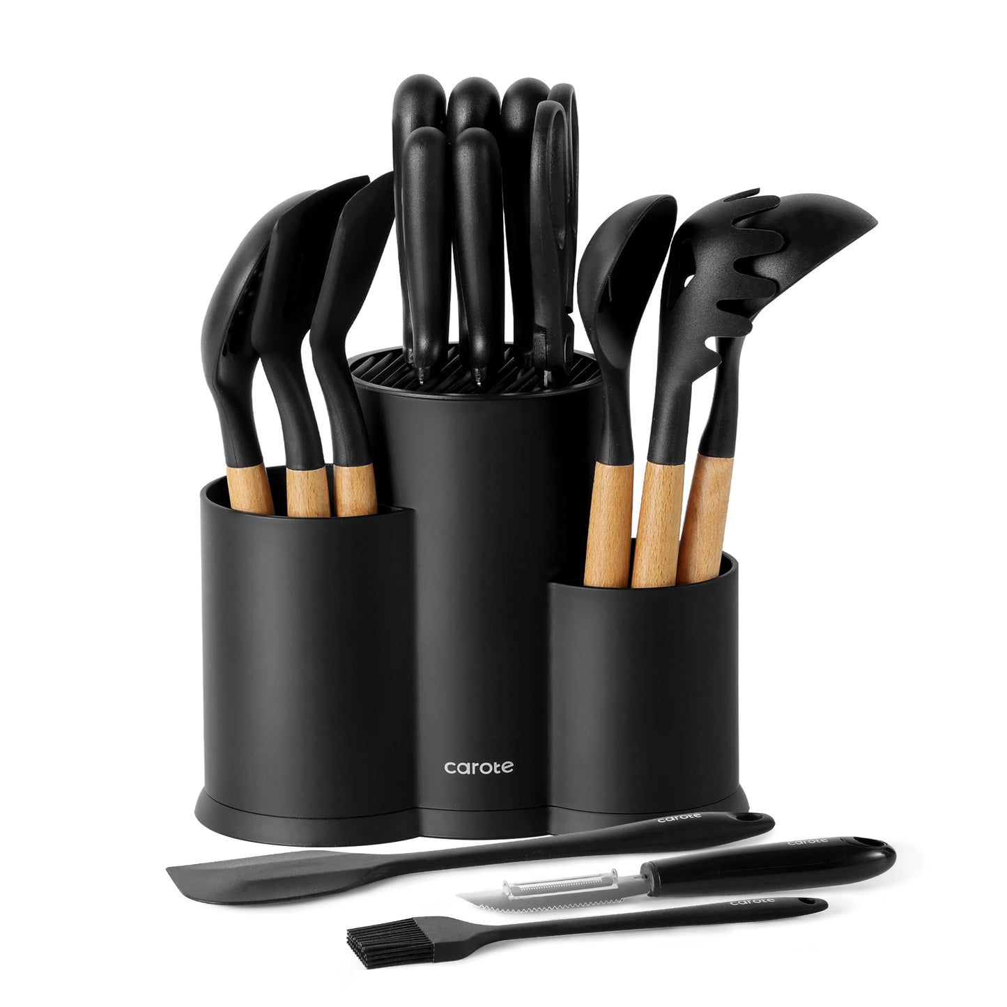 CAROTE 16 Pieces Kitchen Utensils Set, Silicone Cooking Utensils Set with Wooden Handle, Stainless Steel Knife Set with Block, Kitchen Utensil Gadgets Cutlery with Anti-slip Handle, Black