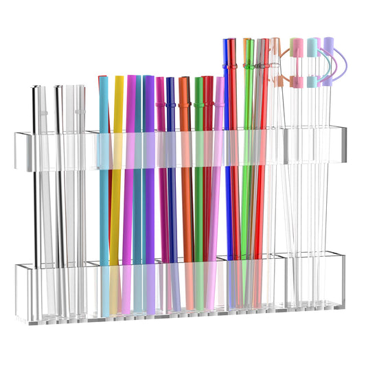 Rycid Straw Holder for Cabinet Door, 9.8” Adjustable Two-Part Large Acrylic Straws Organizer with Ultra Sticky Adhesive Strips, 2025 Reusable Straw Storage for Kitchen Cupboard(Transparent)