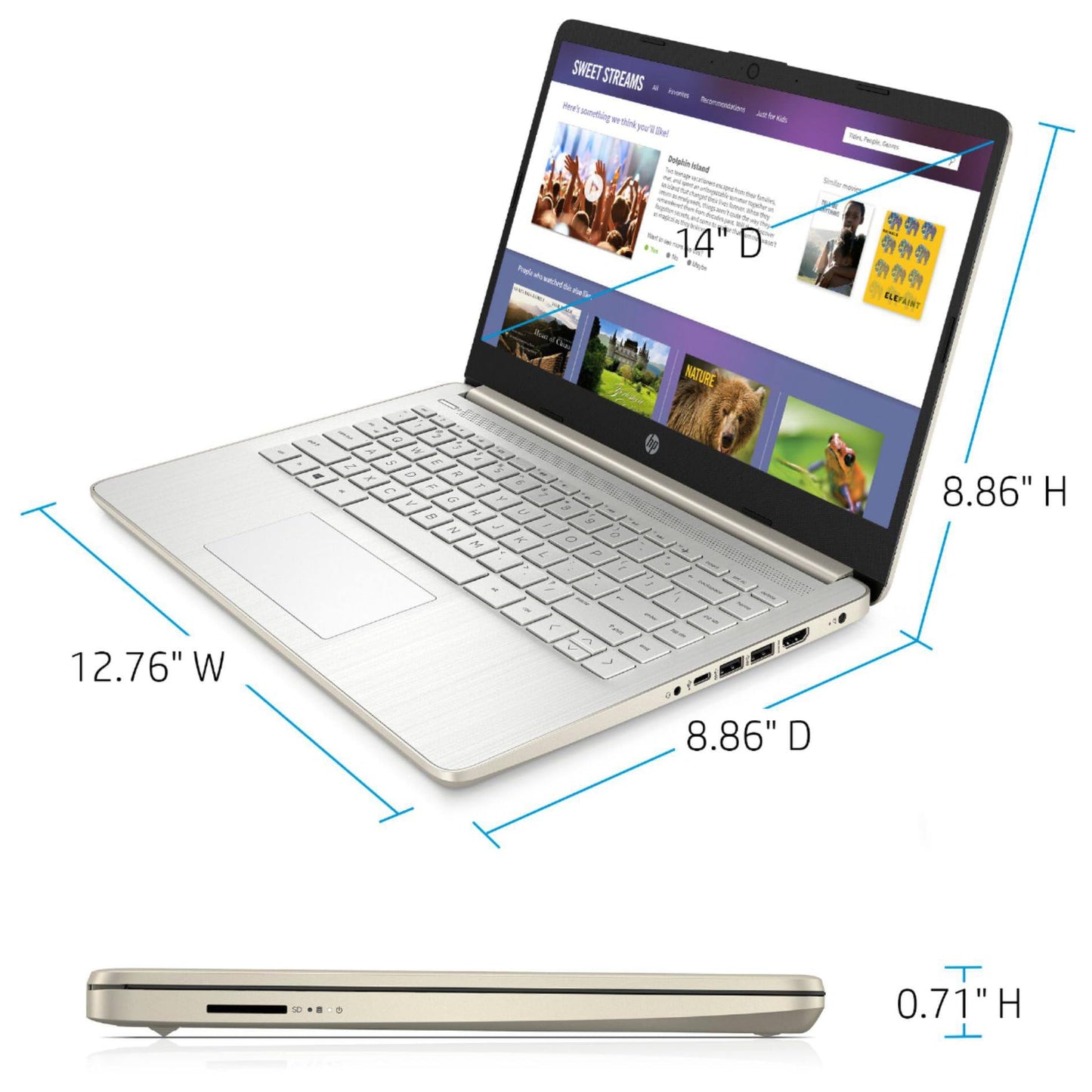 HP Touchscreen Laptop Computer, 4GB DDR4 RAM, 64GB eMMC, Intel Processor, 14 inch, WiFi 6, Bluetooth, Windows 11 Home S, Pale Gold