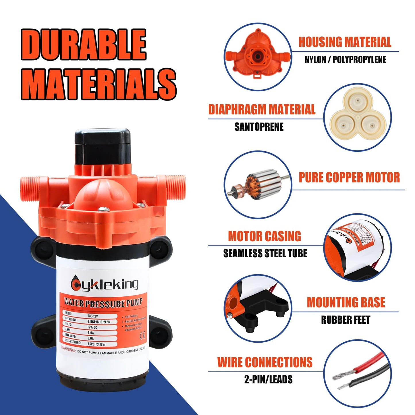 CYKLEKING 12V DC Water Pressure Pump,3.5GPM 45PSI Quiet On Demand RV Water Diaphragm Pump 12 Volt Self Priming Ideal for Camper,Boat,Marine,Travel Trailer,Washdown,Rain Barrel,Outdoor Shower