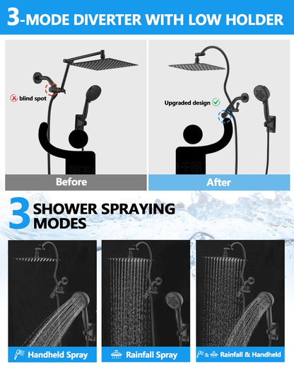 PDPBATH Rainfall Shower Head with Handheld Spray Combo, All Metal 12 Inch High Pressure Rain Showerhead with 16" Adjustable Curved Arm Build-in 3-way Diverter, Matte Black