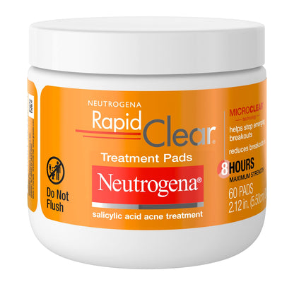 Neutrogena Rapid Clear Maximum Strength Acne Face Pads, for Acne Prone Skin, Salicylic Acid Treatment to Help Fight Breakouts, Oil-Free Facial Cleansing Pads with 2% Salicylic Acid Treatment, 60 Count