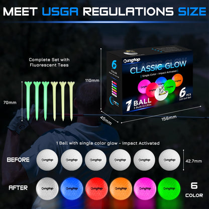 KINGTOP Classic Glow in The Dark Golf Balls with 10-Minute Reset Timer, Super Bright Light Up LED Golf Balls - with Glowing Tees and Storage Bag - Novelty Night Golfing Gift for Men and Women