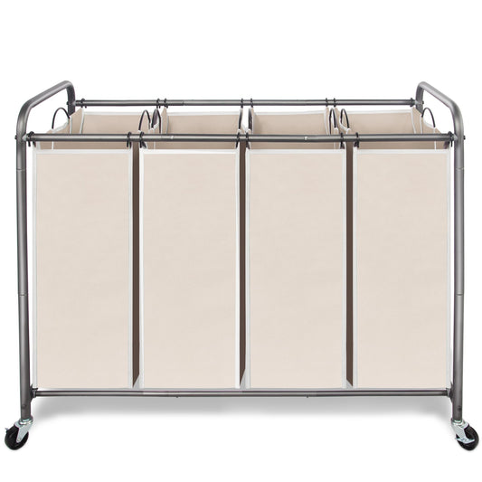 STORAGEIDEAS Laundry Sorter Hamper with Wheels, Heavy-Duty Laundry Sorter Rolling Cart, Lockable Wheels and Removable Bags, 4 Sections, Beige