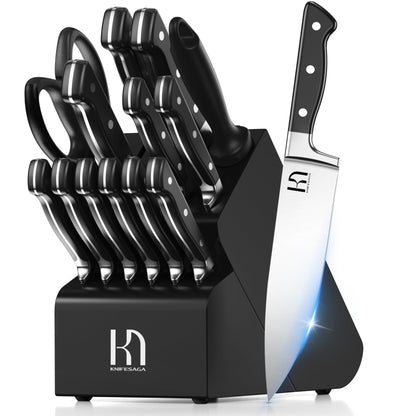KnifeSaga Knife Set, 15 Pcs Kitchen Knife Block Set, Enduring Razor-Sharp High Carbon Stainless Steel Chef Knife Set with Block and Sharpener, Premium Black Knives Set for Kitchen Valentine's Gift
