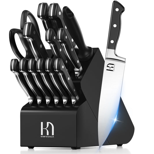 KnifeSaga Knife Set, 15 Pcs Kitchen Knife Block Set, Enduring Razor-Sharp High Carbon Stainless Steel Chef Knife Set with Block and Sharpener, Premium Black Knives Set for Kitchen Valentine's Gift
