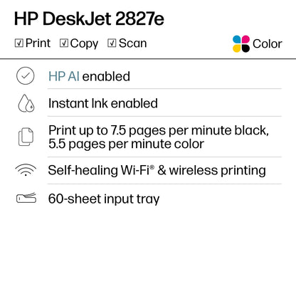 HP DeskJet 2827e Wireless All-in-One Color Inkjet Printer, Scanner, Copier, Best-for-Home, 3 Month Instant Ink Trial Included, AI-Enabled (6W7F5A)