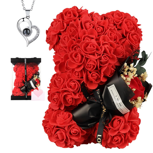 K KYMAKE Valentines Day Gifts for Her Rose Bear with Bouquet and I Love You Necklace in 100 Languages, Birthday Mother’s Day Anniversary Valentines Gifts for Women Girlfriend Mom Wife