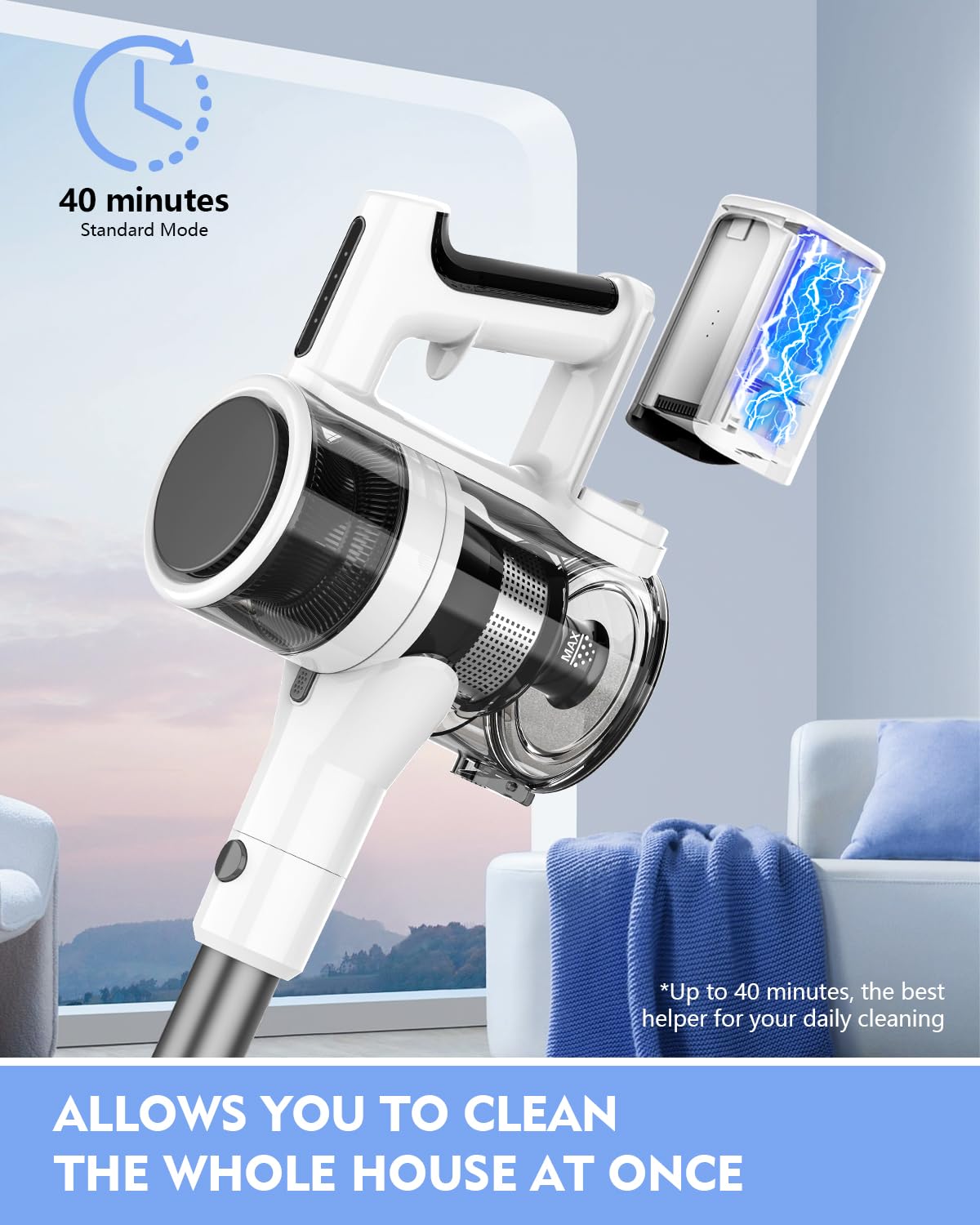 Comvtu Cordless Vacuums, 80,000PRM Powerful Motor Vacuum Cleaner and 2200mAH Rechargeable Battery up to 35 Mins Worktime, 2 Adjustable Modes, Detachable Parts, Wireless Stick Vacuum (Sliver White)