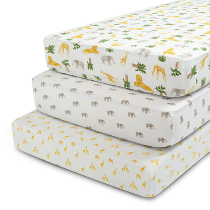 Delta Children Fitted Crib Sheets for Girls and Boys - Crib Sheet for Standard Crib and Toddler Mattresses - 28x52 Inch (Pack of 3), Safari Friends