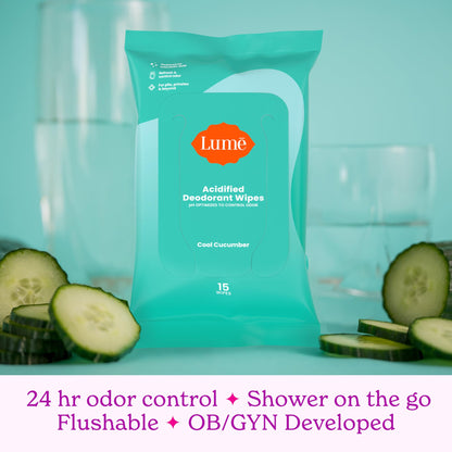 Lume Acidified Deodorant Wipes - 24 Hour Odor Control - Aluminum Free, Baking Soda Free, Skin Loving - 15 Count (Pack of 3) (Cool Cucumber)