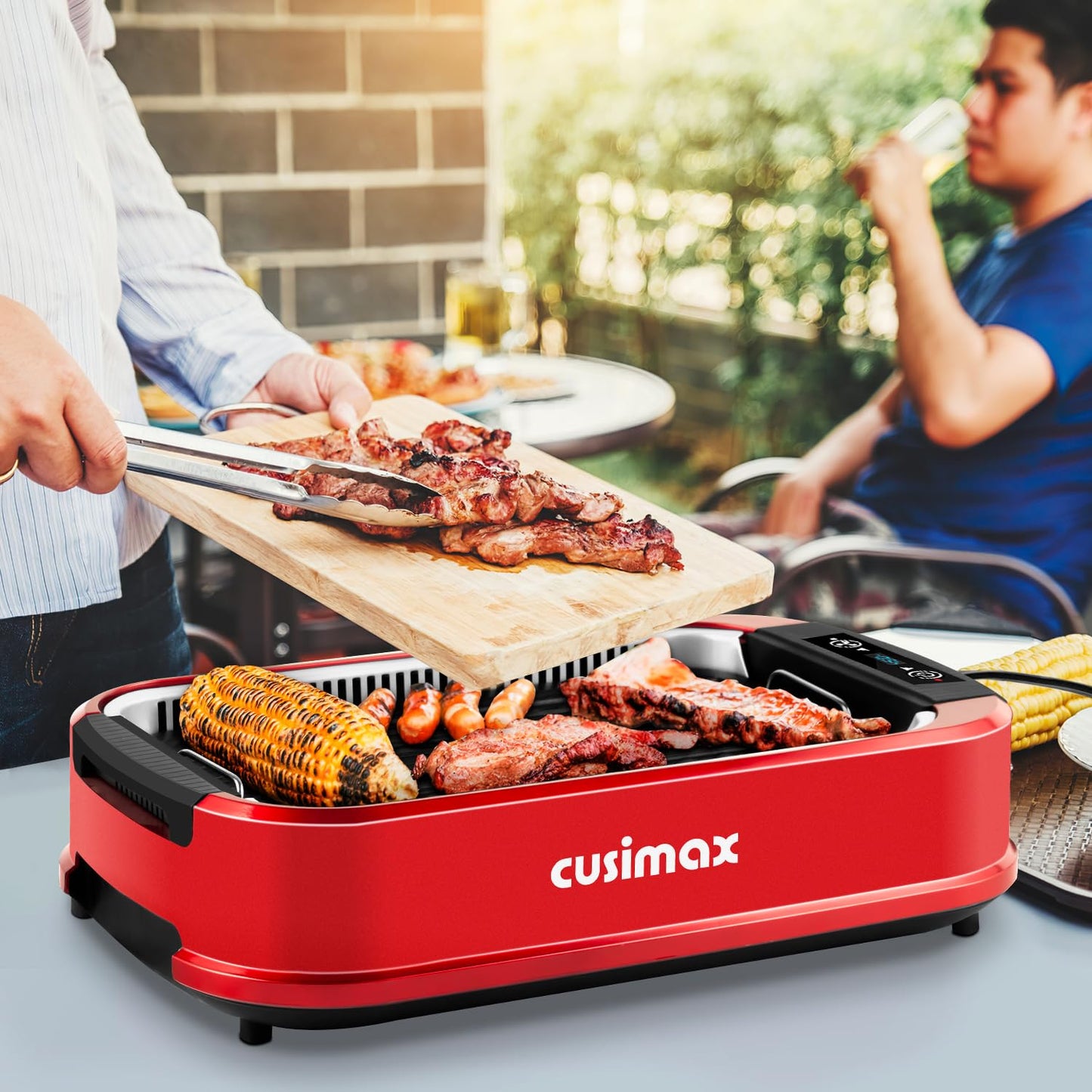 CUSIMAX Smokeless Indoor Grill, Electric Grill Griddle, 1500W Korean BBQ Grill with LED Smart Display & Tempered Glass Lid, Non-stick Removable Grill Plate & Griddle Plate, Red