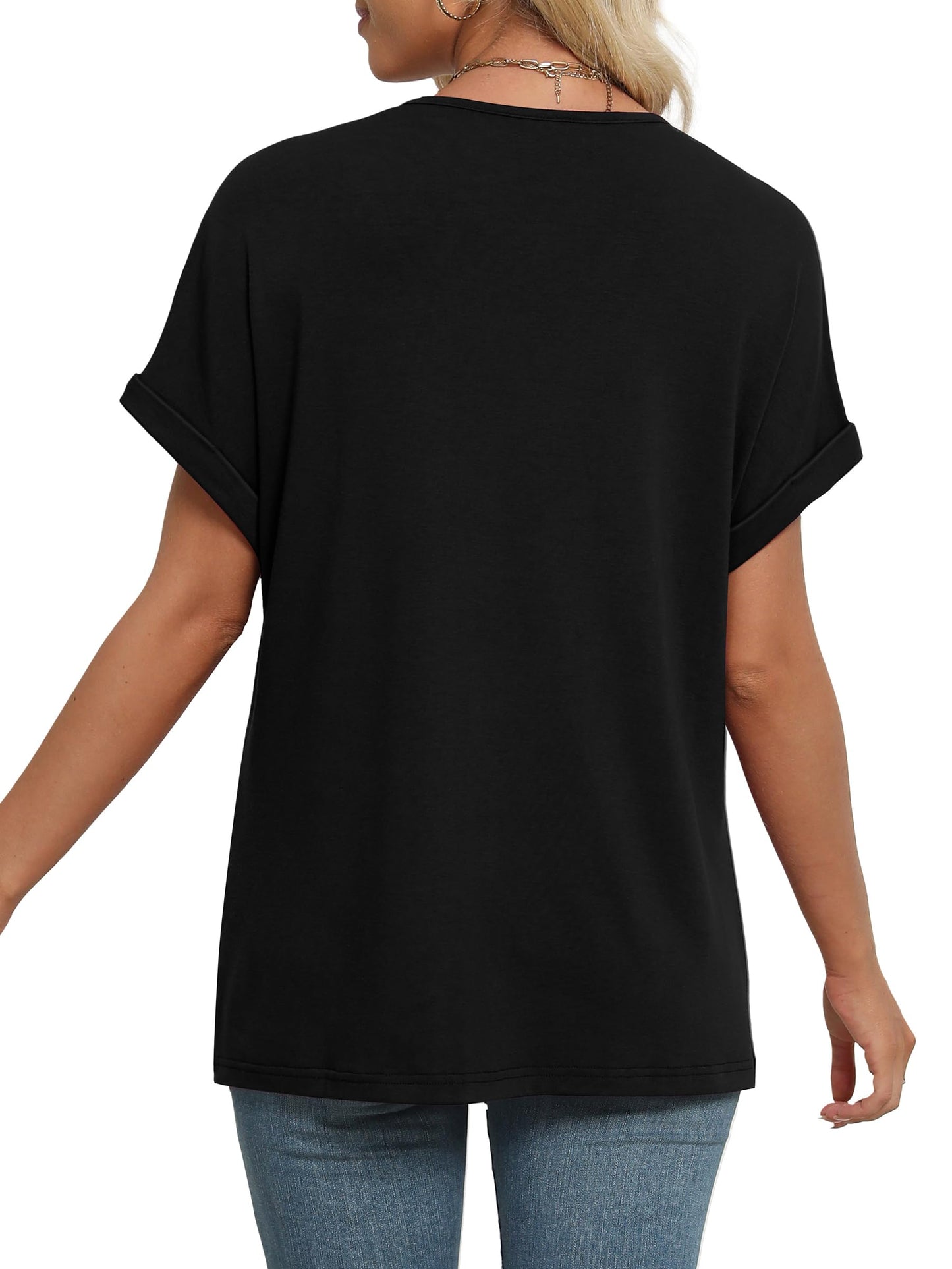 WIHOLL Plus Size Spring Clothes for Women 2025 Summer Trendy Short Sleeve Shirts V Neck Gym Yoga Workout Black 2XL