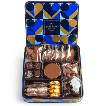 Blue Bow Gourmet Artisanal Chocolate Assortment Gift Tin for Christmas, Birthday, Thank You