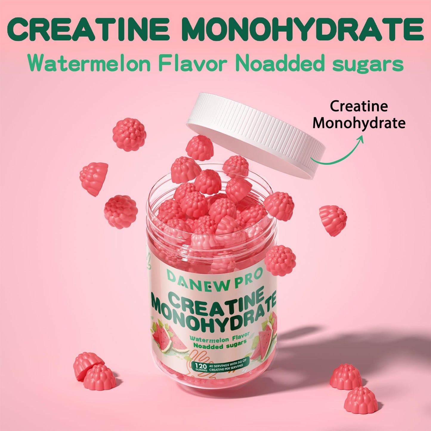 DANEW Pro Creatine Monohydrate Gummies 5000mg for Men & Women, Creatine Monohydrate for Muscle Strength, Muscle Builder, Energy Boost, Pre-Workout Supplement(120 Count)-Watermelon Flavor