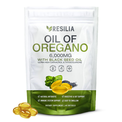 Resilia Softgels with Black Seed Oil 6000mg – Organic Oregano Oil Capsules for Immune & Digestive Support – Non-GMO, Gluten-Free Softgels – Natural Herbal Wellness Supplement (60 Count)