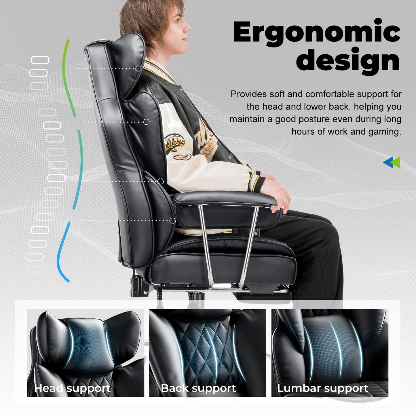 COMHOMA Big and Tall Office Chair, High Back Leather Gaming Chair with Footrest, Executive Ergonomic Office Chair with Pocket Spring Lumbar Support and with Outward Fixed Soft Armrests