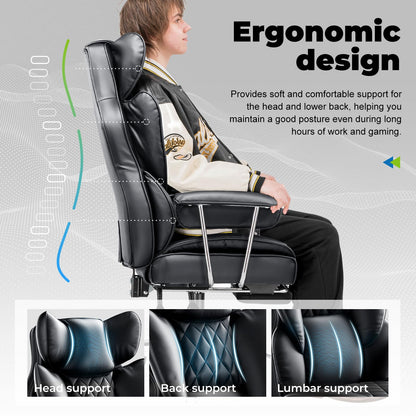 COMHOMA Big and Tall Office Chair, High Back Leather Gaming Chair with Footrest, Executive Ergonomic Office Chair with Pocket Spring Lumbar Support and with Outward Fixed Soft Armrests