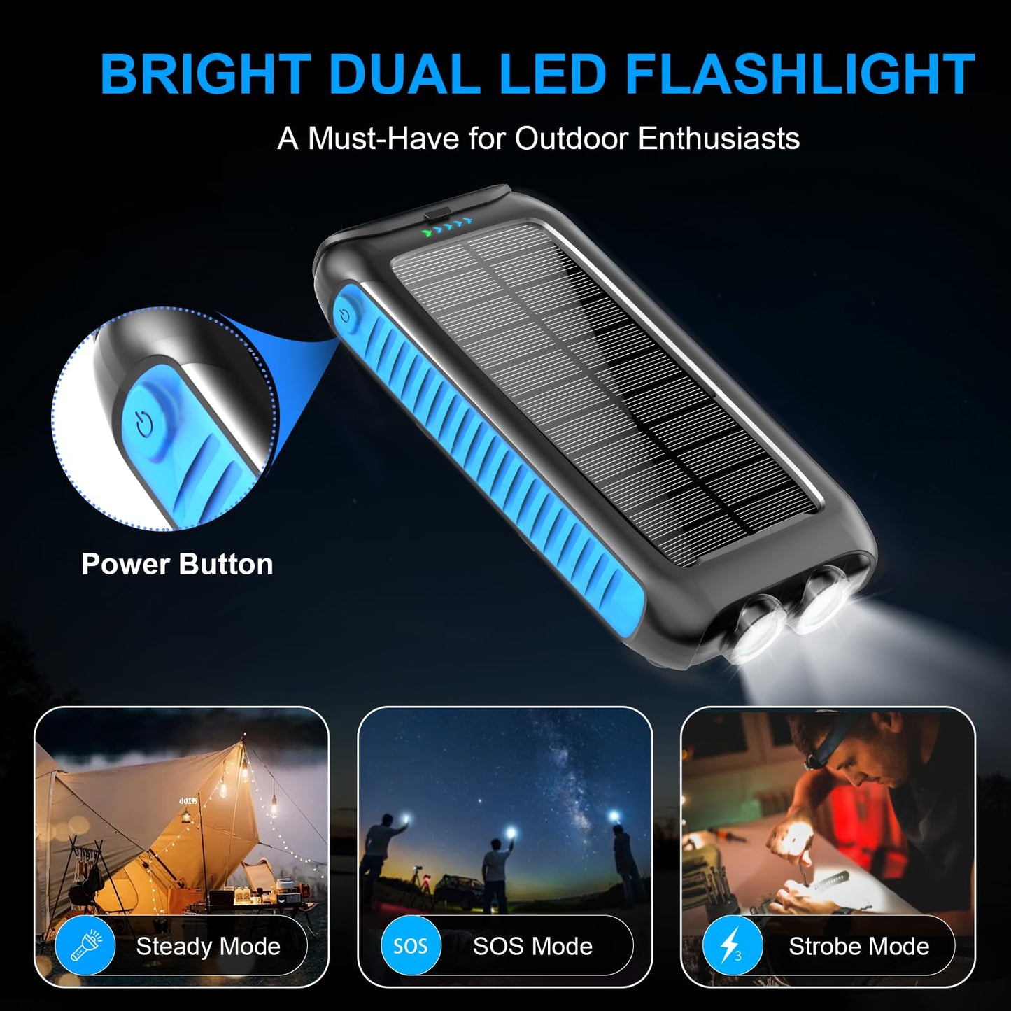 Kepswin Solar-Charger-Power-Bank-49800mAh Portable Solar Phone Charger with LED Flashlight/15W Fast Charge USB C Waterproof External Backup Battery Pack for All Cell Phones & Electronic Devices