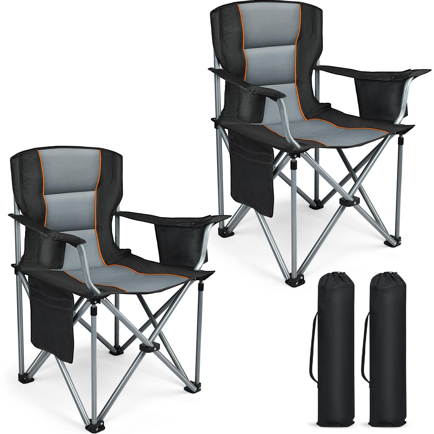 Camping Chairs, 2 Pack Oversized Heavy Duty Fully Padded Outdoor Folding Chairs with Cup Holder, Cooler Bag and Side Pocket, Support 400 LBS, Carry Bag Included, Versatile for Sports,Outdoors & Lawns