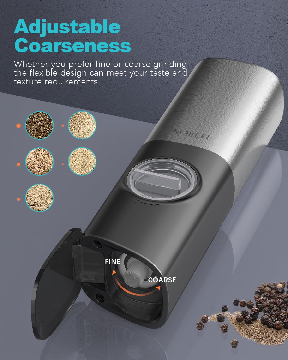 Ultrean Gravity Electric Salt and Pepper Grinder Set - USB Rechargeable With Dual Charging Base - Adjustable Fineness - One Handed Operation, Stainless Steel Construction, Auto Dust Lids, LED Light