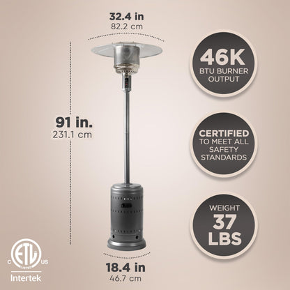 Amazon Basics 46,000 BTU Outdoor Propane Patio Heater with Wheels, Commercial & Residential, Slate Gray, with Water Tank, 32.1 x 32.1 x 91.3 inches (LxWxH)