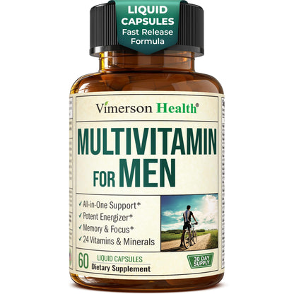 Multivitamin for Men with Bioavailable Vitamins, Minerals, Vitamin D, B12, C, A & Zinc for Energy, Focus and Immune Health – Premium Mens Multivitamins & Multiminerals – 60 Liquid Caps
