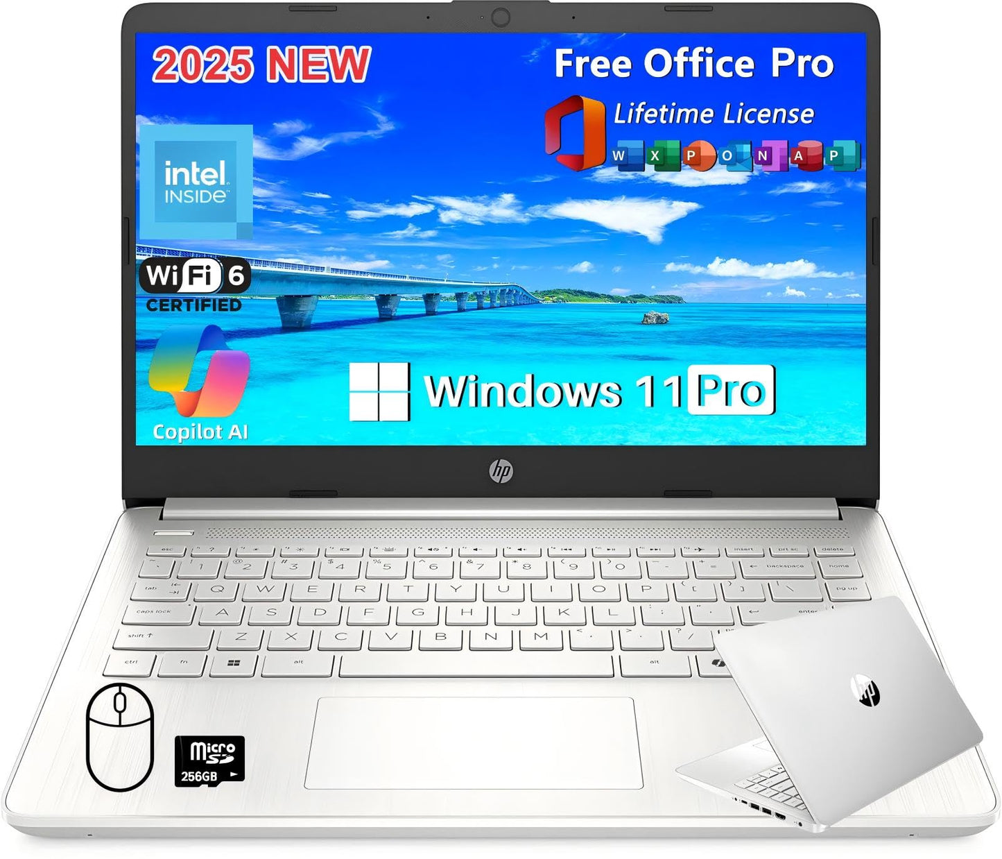 HP 2025 Latest 14" HD Laptop Computer, Intel Processor N150, 16 GB RAM, 384 GB Storage(128GB UFS+256GB MSD), with Office Lifetime License, Copilot AI, Wi-Fi 6, Webcam, Windows 11 Pro, w/Accessories