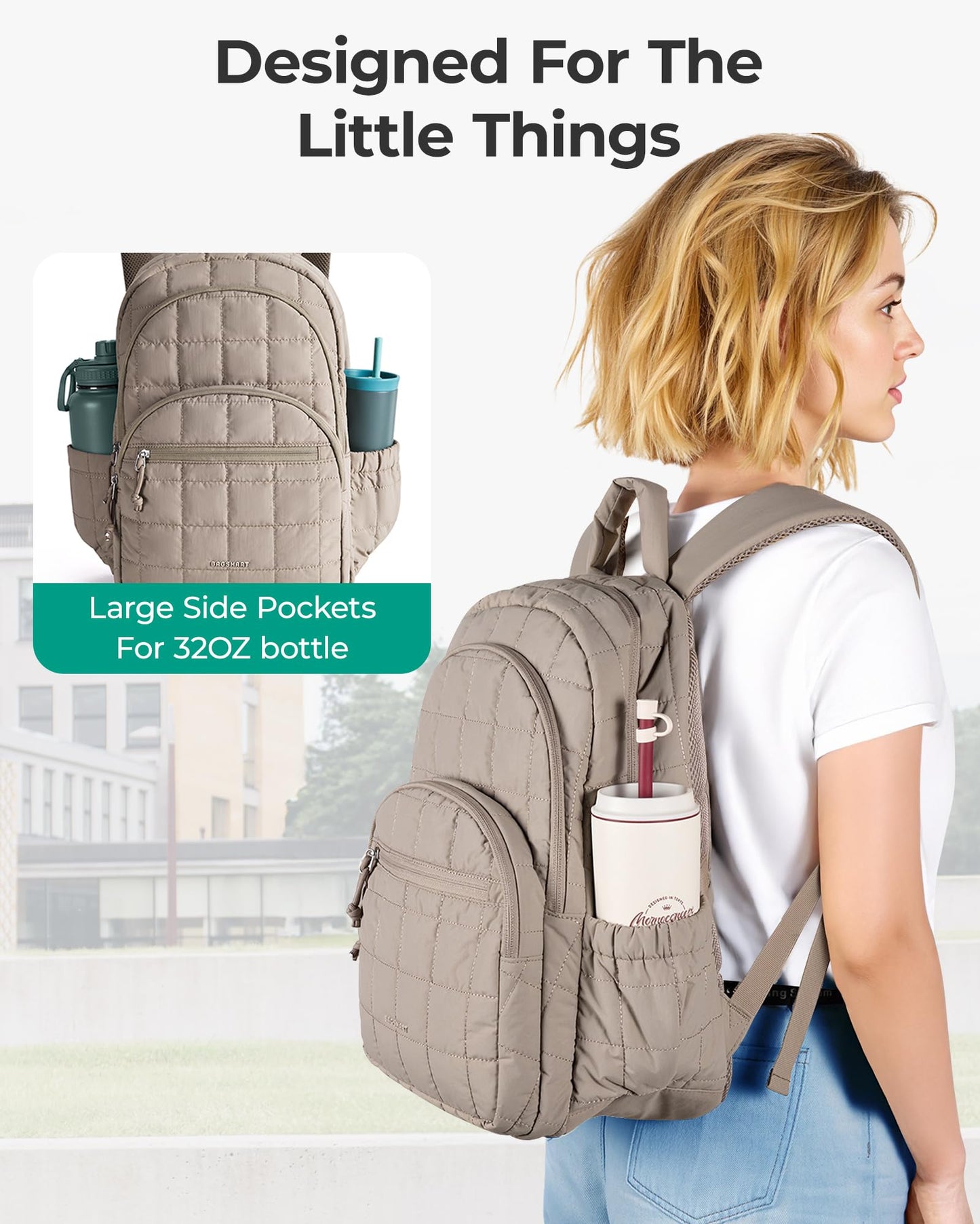 BAGSMART College Laptop Backpack, Travel Backpack for Women, Quilted Casual Daypack, Water-Resistant Bookbag for 15.6 Inch Laptop, Camel