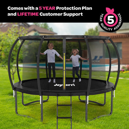 JoyBerri Trampoline Outdoor - ASTM Certified Safe, 8Ft, 10Ft, 12Ft, 14Ft, 15Ft, 16Ft Recreational Trampoline for Kids and Adults. Anti-Rust Coating with Enclosure Net, Ladder, Sprinkler & LED Lights